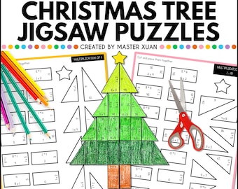 Può includere: Un colorato foglio di lavoro educativo con il testo "MULTIPLICATION CHRISTMAS TREE JIGSAW PUZZLES" e "14 X1-10 NO PREP PUZZLES". L'immagine presenta un puzzle ad albero di Natale, matite e forbici. Il foglio di lavoro è per la pratica della moltiplicazione.