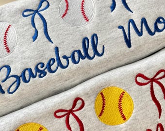 Baseball Softball Mom Bow embroidered Sweatshirt ~Game Day Sweatshirt ~Baseball Crewneck~Bow Sweatshirt
