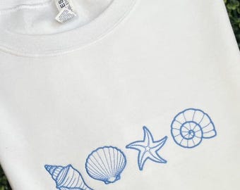 Seashell Embroidered Sweatshirt~Summer Crewneck~Beach Lover~Beach Icon Shirt