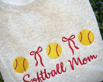 Softball Mom Bow embroidered Sweatshirt ~Game Day Sweatshirt ~Softball Crewneck~Bow Sweatshirt