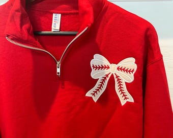 Baseball Bow embroidered Pullover Sweatshirt ~Quarter Zip Game Day Sweatshirt ~Baseball Quarter zip Pullover~Bow Sweatshirt