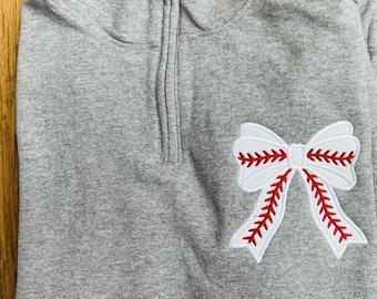 Baseball Bow embroidered Pullover Sweatshirt ~Quarter Zip Game Day Sweatshirt ~Baseball Quarter zip Pullover~Bow Sweatshirt