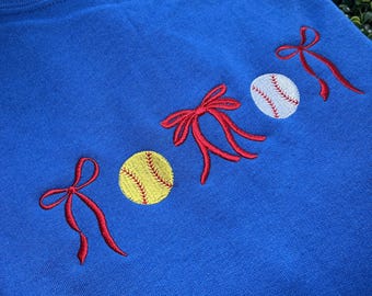 Softball Baseball Bow embroidered Sweatshirt ~Game Day Sweatshirt ~Softball Crewneck~Bow Sweatshirt