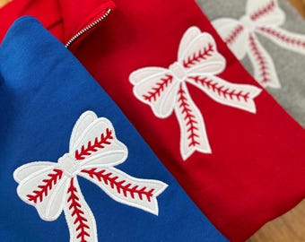 Baseball Bow embroidered Pullover Sweatshirt ~Quarter Zip Game Day Sweatshirt ~Senior Night~Travel Team Mom