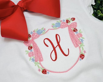 Strawberry Initial Bubble Romper~Summer~Embroidered Initial Outfit for Baby