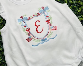 4th of July Initial Bubble Romper~American~Embroidered Patriotic Outfit for Baby