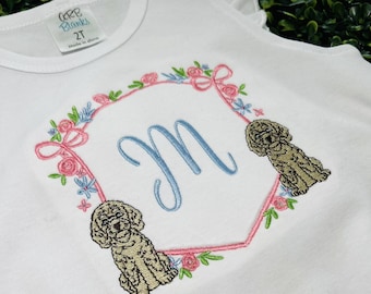 Goldendoodle Initial Bubble Romper~Puppy~Embroidered Puppy Outfit for Baby