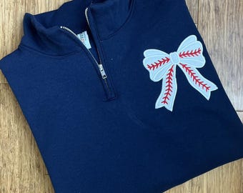 Baseball Bow embroidered Pullover Sweatshirt ~Quarter Zip Game Day Sweatshirt ~Baseball Quarter zip Pullover~Bow Sweatshirt
