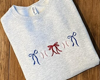 Baseball Bow embroidered Sweatshirt ~Game Day Sweatshirt ~Baseball Crewneck~Bow Sweatshirt