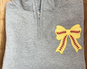 Softball Bow embroidered Pullover Sweatshirt ~Quarter Zip Game Day Sweatshirt ~Softball Quarter zip Pullover~Bow Sweatshirt