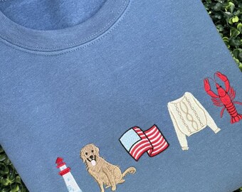 East Coast Icon Embroidered Sweatshirt~Coastal~Golden Retriever~Summer Crewneck~Beach Lover~Summer Sweatshirt