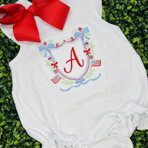 4th of July Initial Bubble Romper~American~Embroidered Patriotic Outfit for Baby