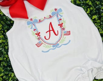 4th of July Initial Bubble Romper~American~Embroidered Patriotic Outfit for Baby
