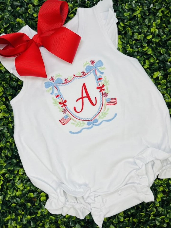 4th of July Initial Bubble Romper~American~Embroidered Patriotic Outfit for Baby
