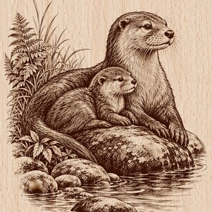 River Otter and Pup Laser Engraving File, Mother and Baby Wildlife PNG SVG, Wood Burning Pattern for Glowforge xTool