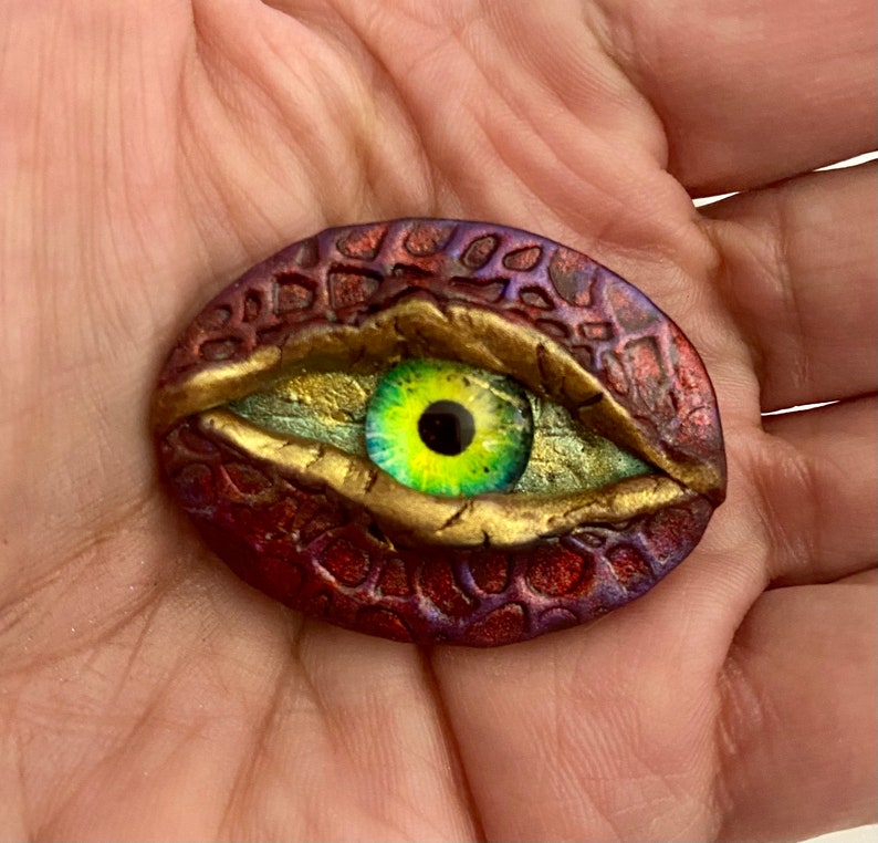 Dragon reptile EYE focal Cabochon bead embroidery mixed media assemblage one of a kind glass eye 30x40mm
