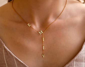 Personalized Lariat Name Necklace, Drop Name Necklace, 14K Gold Letter Name Necklace, Dainty Y Necklace, Gifts for Woman, Christmas Gifts