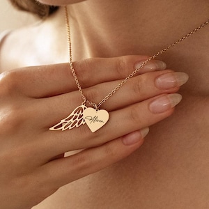 Heart Name Necklace with Angel Wing, 14K Gold Angel Wings Necklace, Engraved Name Heart Necklace, Sympathy Gifts for Her, Memorial Necklace