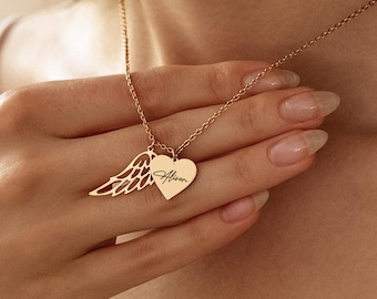 Heart Name Necklace with Angel Wing, 14K Gold Angel Wings Necklace, Engraved Name Heart Necklace, Sympathy Gifts for Her, Memorial Necklace