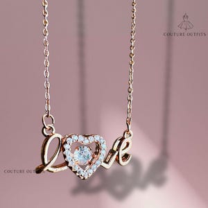 18K Rose Gold with Dancing Diamond Necklace, Love Necklace, Cursive Font, Pave Diamond Setting, Cz Diamonds, Dainty Choker Necklace