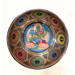 Handmade Tibetan Singing Bowl with Green Tara Design | 8&quot;–16&quot; | Handcrafted in Nepal