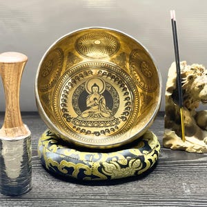 12-Inch Golden Buddha Meditation Singing Bowl - Handcrafted Tibetan Mantra Design - Perfect for Yoga and Sound Healing - Kundalini Crafts