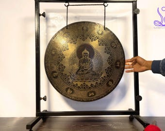 Handmade Tibetan Gong: Buddha Engraving, Sound Therapy, with Stand