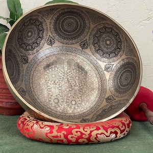 24 inch Handmade Tibetan Singing Bowl – Buddha Feet Mandala – 7 Metal Sound Healing Bowl – Large Meditation Bowl with Mallet & Cushion