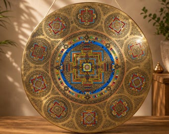 Handgefertigter tibetischer Mandala-Gong | Meditationsgong aus sieben Metallen | Klangheilungsinstrument | Dekoration für Yoga-Tempel | Singender Gong | 40–100 cm