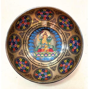 Handmade Tibetan Singing Bowl with Green Tara Design (8&quot;–16&quot;) – Meditation & Healing Sound Bowl