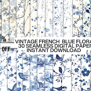 Carta digitale vintage francese blu floreale Toile de Jouy, motivo ripetuto senza soluzione di continuità, diario grunge, download immediato, stampa digitale