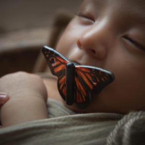 May include: A close-up of a sleeping baby with a butterfly-shaped pacifier in their mouth. The pacifier is black and orange with a detailed design.