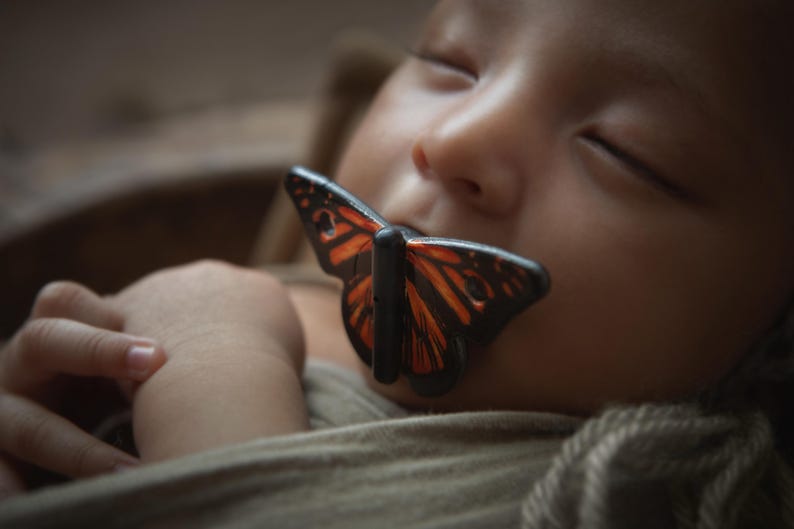 May include: A close-up of a sleeping baby with a butterfly-shaped pacifier in their mouth. The pacifier is black and orange with a detailed design.