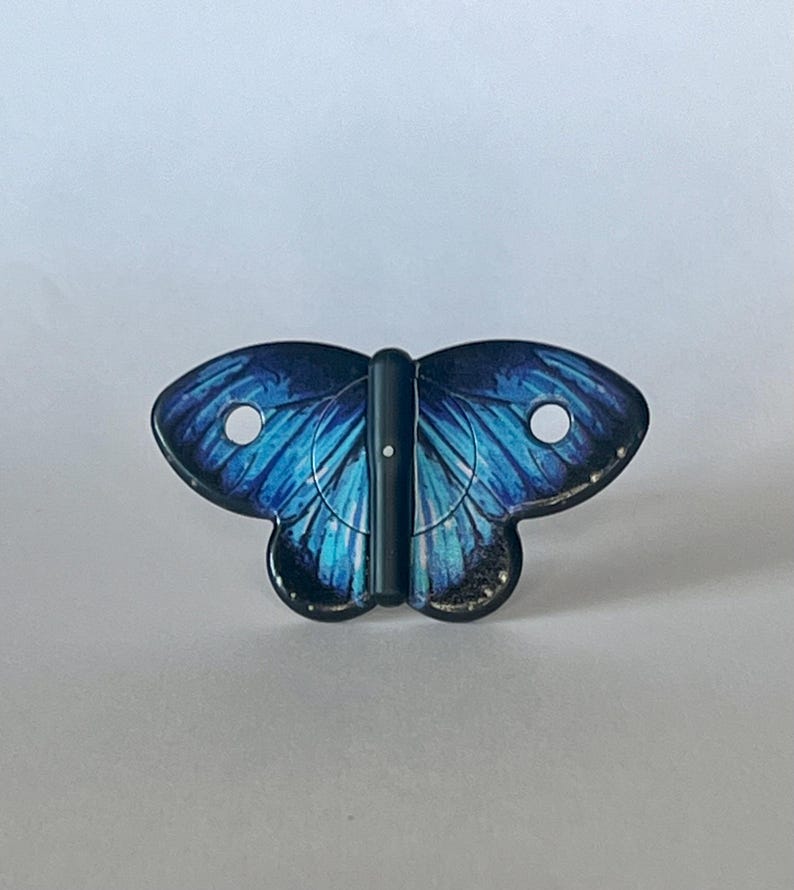 Puede incluir: Un amuleto en forma de mariposa azul y negro con una bisagra de metal negro. La mariposa tiene un dise&ntilde;o detallado con alas azules y negras.
