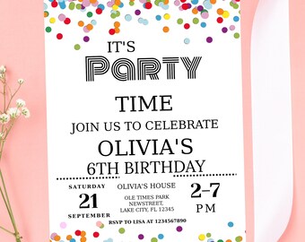 Confetti Birthday Party Invitation, Editable Template (Digital Download)