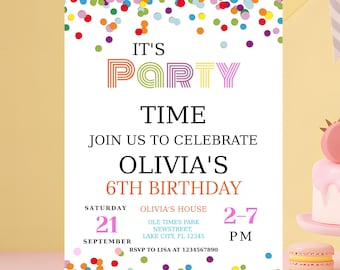 Confetti Birthday Party Invitation, Editable Template (Digital Download)