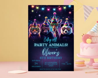 Party Animals Birthday Invitation | Neon Kids Theme (Editable Canva Template)