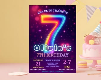 Pink Rainbow Foil 7th Birthday Invitation, Editable Canva Template (Digital Download)