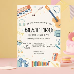 May include: A musical-themed birthday invitation. The design includes illustrations of instruments such as a guitar, keyboard, and drums. The text on the invitation reads "Matteo is turning two" and includes party details.