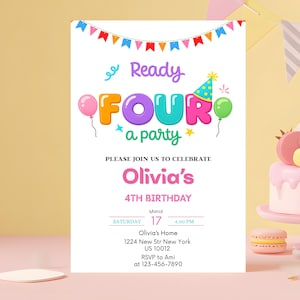 Convite colorido para aniversário de 4 anos, editável, pronto para a festa, modelo do Canva