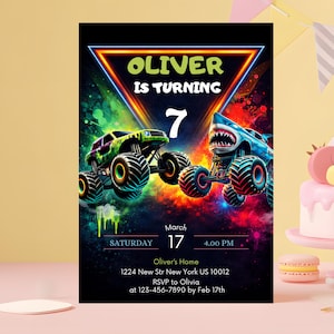 May include: A birthday party invitation with a black background. The invitation features a green and purple monster truck and a blue shark-themed monster truck. The text reads "OLIVER IS TURNING 7" and includes the date, time, and location.