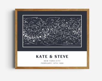 May include: A framed print with a dark blue background and white constellations. The print includes the text "KATE & STEVE", "NEW YORK CITY", and "FEBRUARY 12TH 1986".