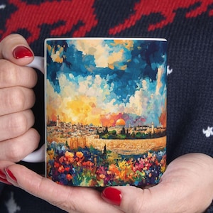 Taza de café judía, taza de café hebrea, regalos para el hogar judío, regalo de inauguración de la casa judaica, taza de Israel con arte del Kotel, taza de Shabat por la mañana