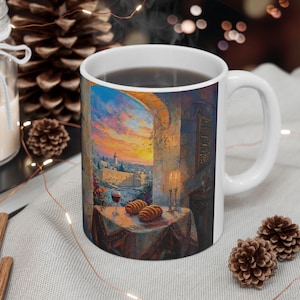 Taza de café judía, taza de café hebrea, regalos para el hogar judío, regalo de inauguración de la casa judaica, taza de Israel con arte de Jerusalén, taza de Shabat por la mañana