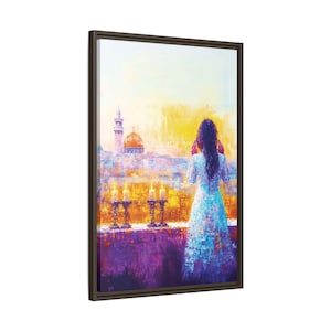 Vertikale gerahmte jüdische Wandkunst - Shabbat in der alten Stadt, Shabbat-Kerzenbeleuchtung, jüdisches Israel Wohndekor, jüdisches Muttergeschenk, Jewellery Kunst