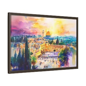 Canvas Framed Jewish Wall Art- Kotel Jerusalem Watercolor Painting, Jewish Modern Home Decor, Jewish House Warming Gift, Jewish Wedding Gift