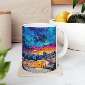 Taza de café judía, taza de café hebrea, regalos para el hogar judío, regalo de inauguración de la casa judaica, taza de Israel con arte del Kotel, taza de Shabat por la mañana