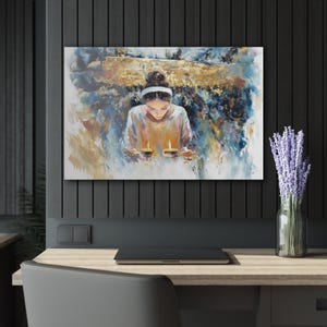 Mom Lighting Shabbat Candles, Jerusalem Kotel Night Painting on Acrylic Glass, Jewish Blessing Wall Art, Spiritual Judaica Home Decor,