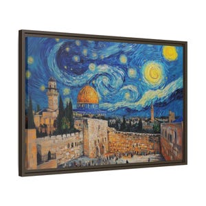 Canvas Framed Jewish Wall Art- Jerusalem Starry Night Painting, Jewish Modern Home Decor, Jewish House Warming Gift, Jewish Wedding Gift