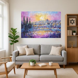 Jewish Modern Acrylic, Colorful Jerusalem Kotel Painting, 36×24 Framed Wall Art, Judaica Home Decor, Israel Pride Gift, Jewish Housewarming